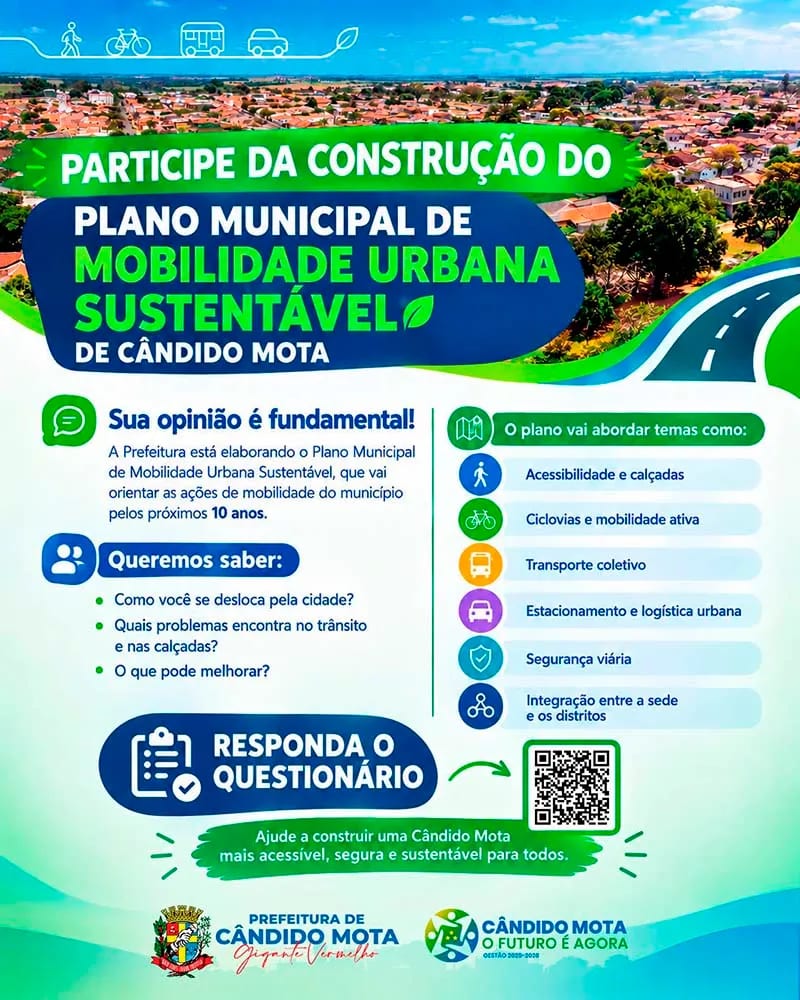 Prefeitura de Cândido Mota lança consulta pública para elaboração do Plano de Mobilidade Urbana Sustentável