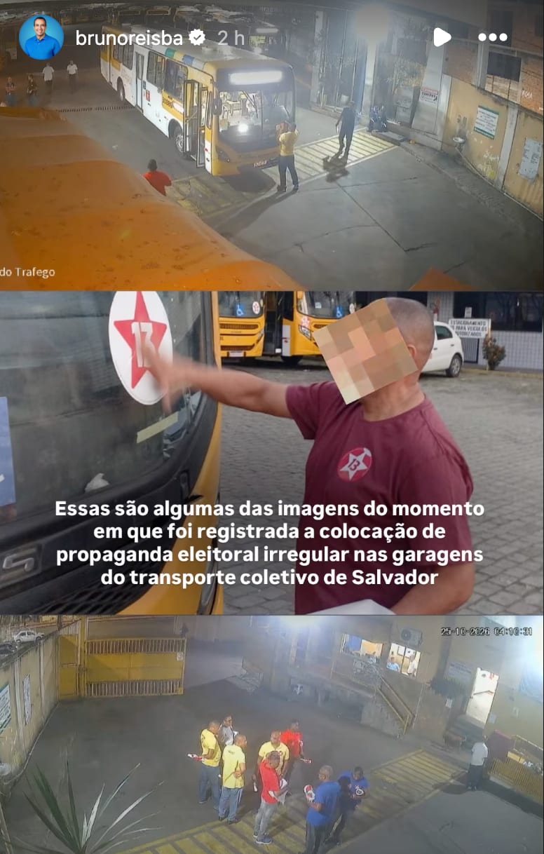 Bruno Reis posta imagens de homens colando adesivos em ônibus