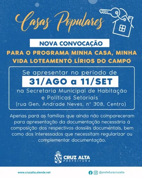 Cruz Alta convoca famílias do Minha Casa, Minha Vida — Loteamento Lírios do Campo