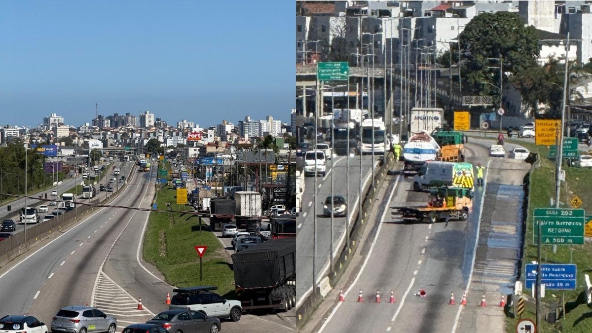 Colisão entre caminhões trava a BR-101 no sentido Sul e deixa vítima presa às ferragens; trânsito é desviado para a marg