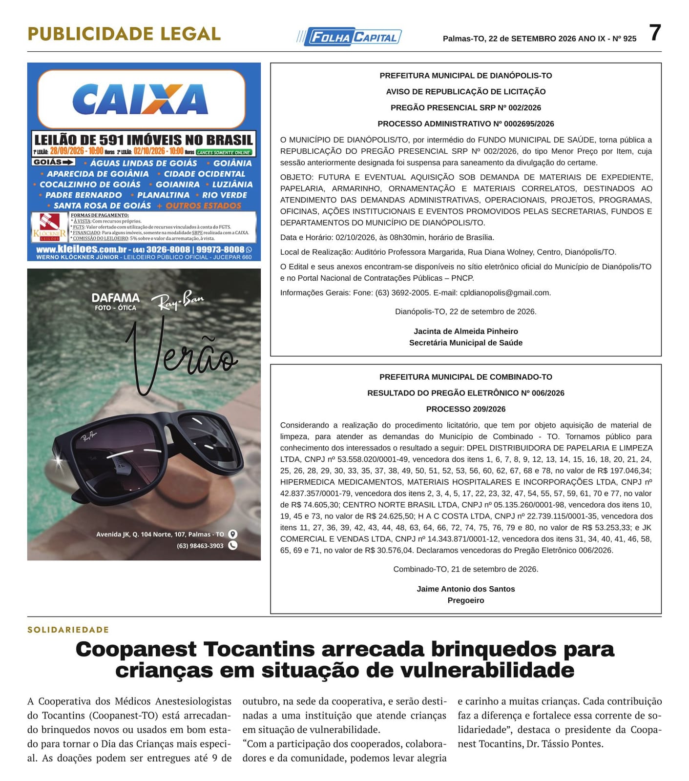 Prefeitura de Combinado (TO) anuncia vencedora de pregão para material de limpeza