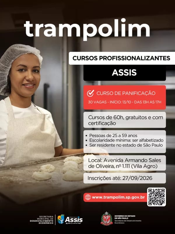 Trampolim oferta 30 vagas gratuitas para curso de Panificação em Assis