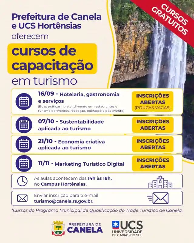Canela abre inscrições para novos cursos gratuitos voltados ao turismo