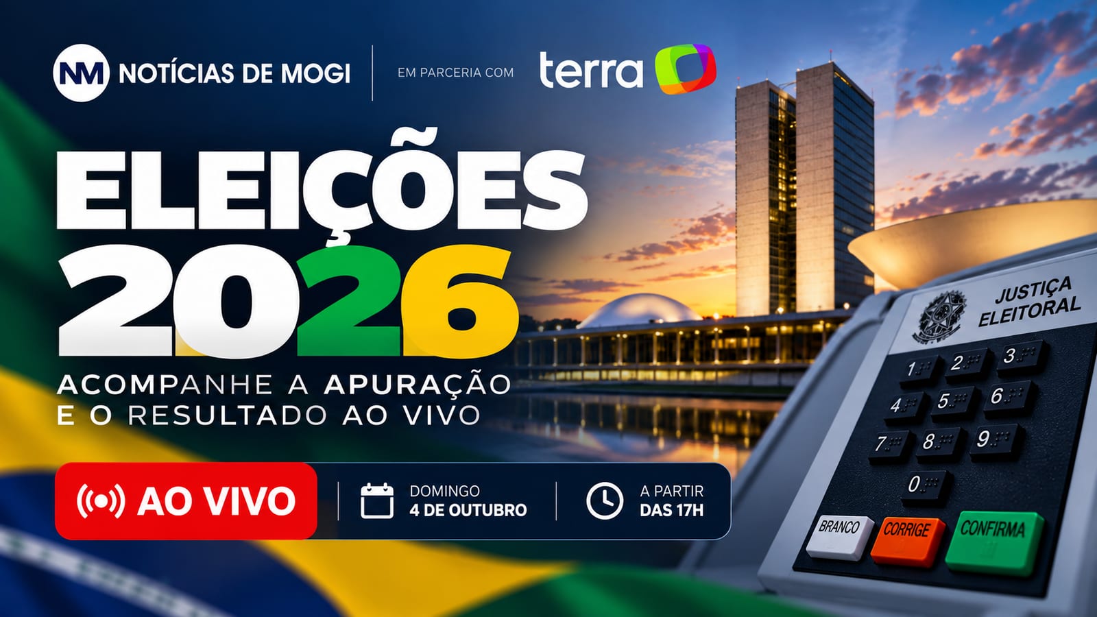 Live da apuração das Eleições 2026 começa às 17h neste domingo (4)