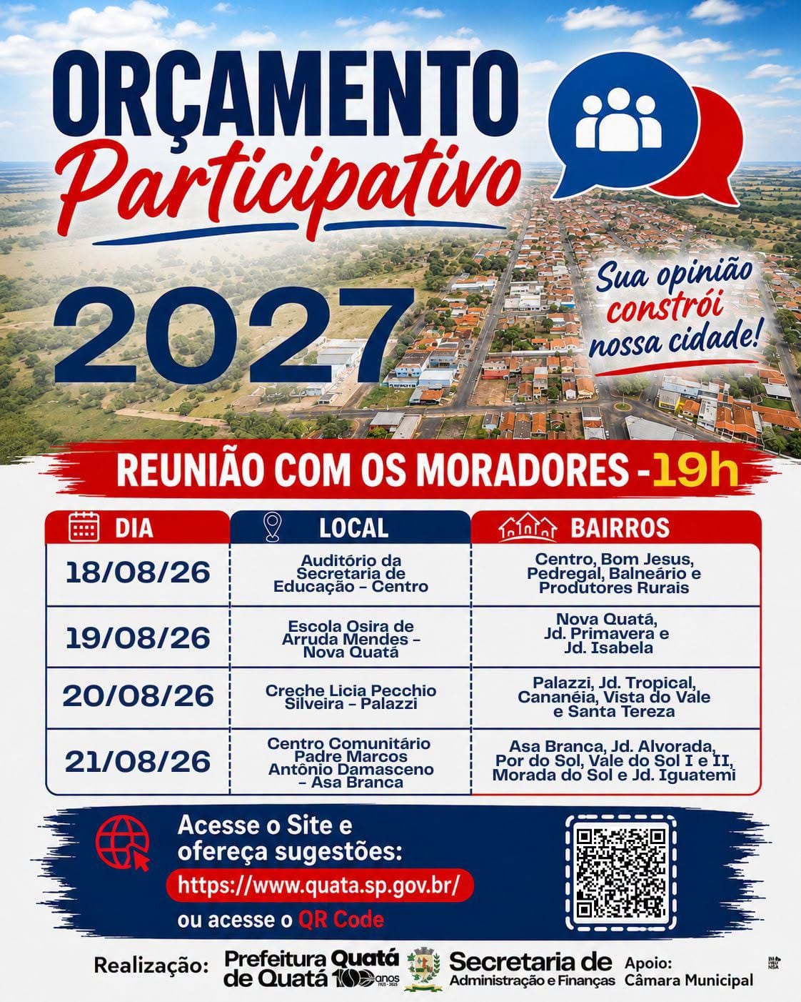 Quatá abre Orçamento Participativo 2026 com formulário online e reuniões em agosto