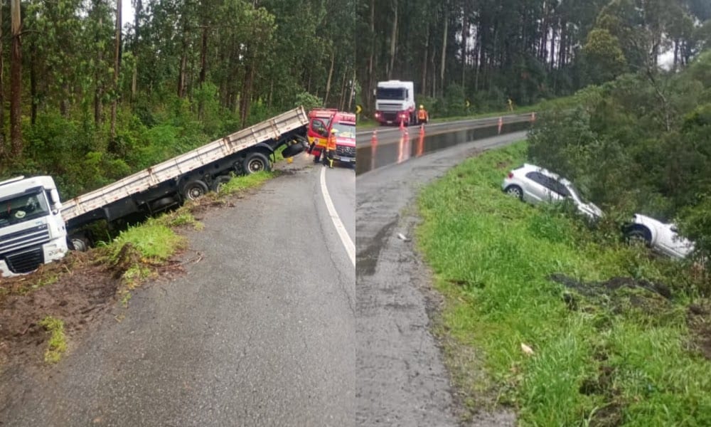 Acidente entre caminhão e dois carros deixa homem ferido na BR-280, em Mafra