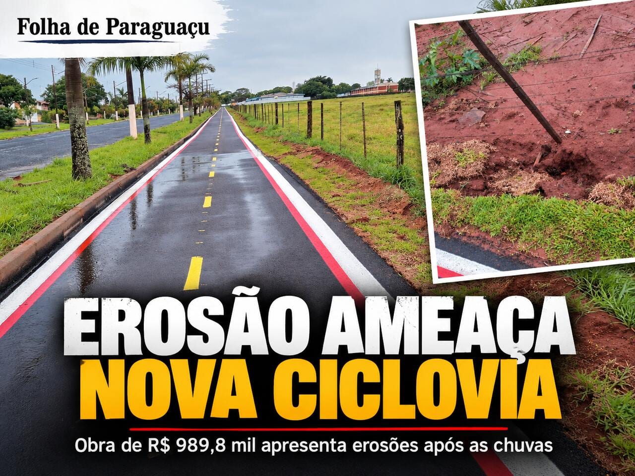 Erosão ameaça nova ciclovia na Av. Hissagy Marubayashi, em Paraguaçu Paulista