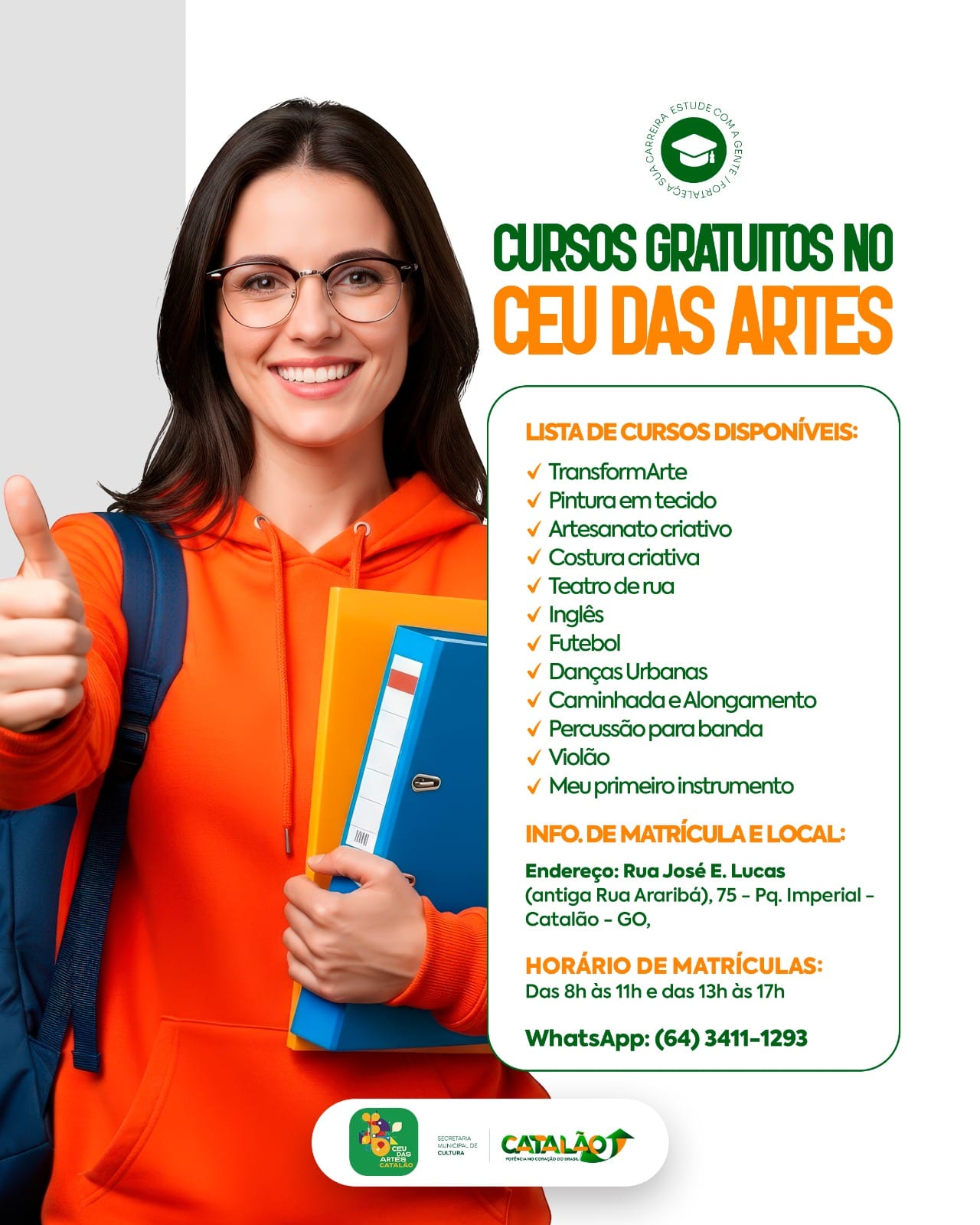 Prefeitura de Catalão abre inscrições para novas oficinas gratuitas no recém-revitalizado Centro Cultural CEU das Artes