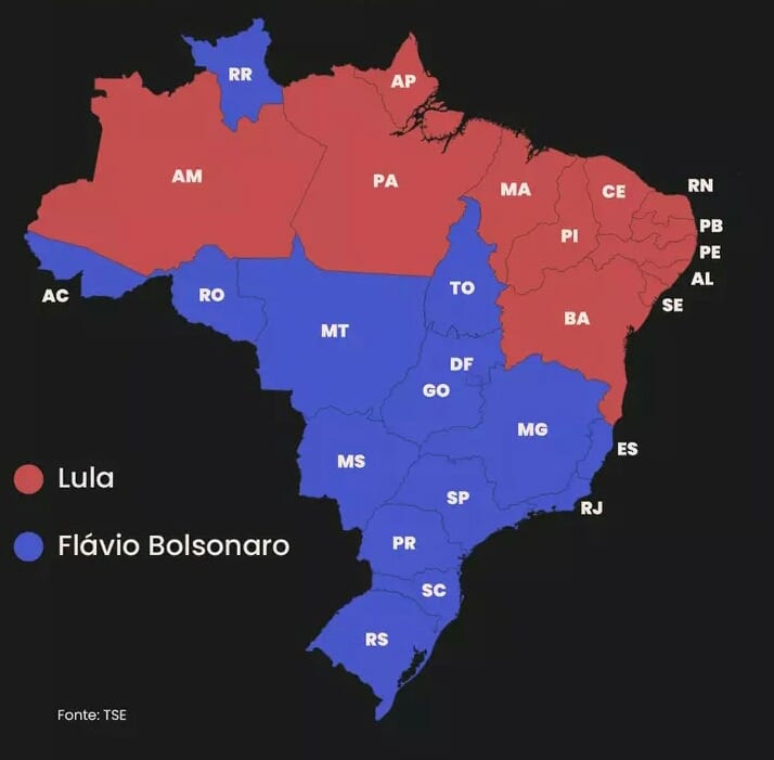 Apuração: Flávio venceu em 14 estados e no DF; Lula ganhou em 12 estados