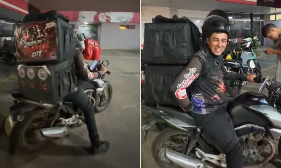 Trindade (GO): entregador viraliza com duas bags e cinco celulares; veja o vídeo