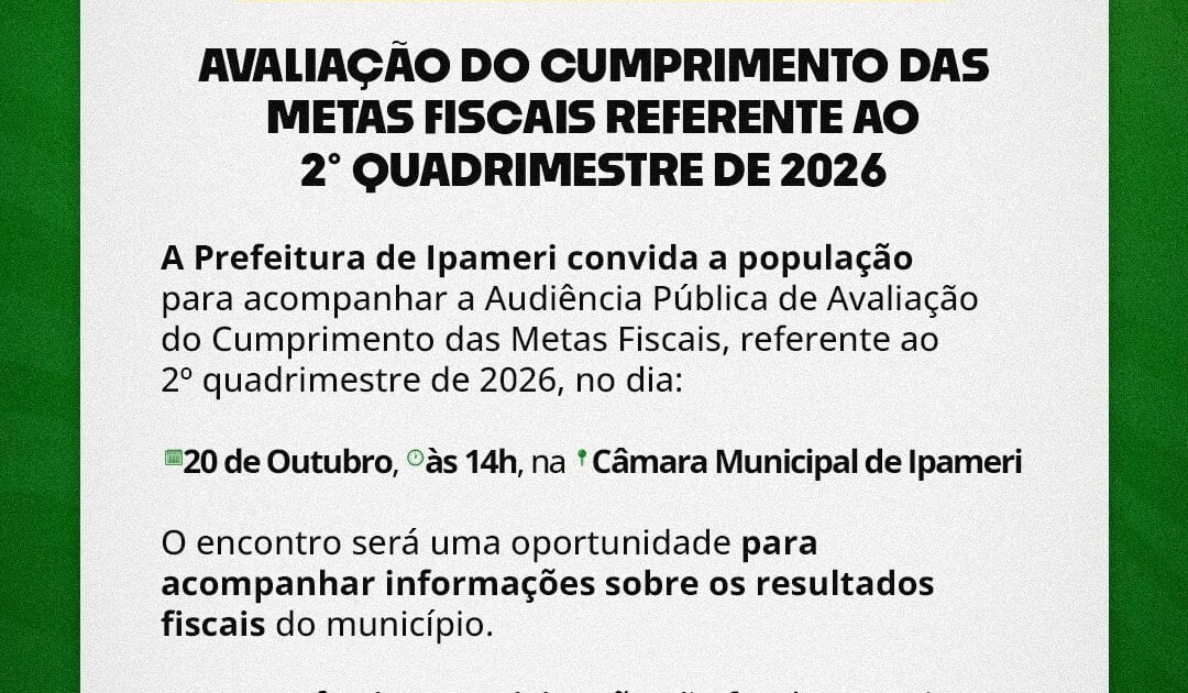 Prefeitura de Ipameri realiza audiência pública para avaliar metas fiscais do segundo quadrimestre de 2026