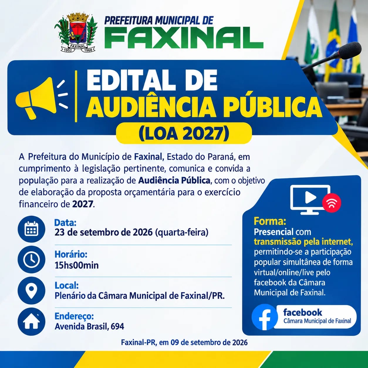 Faxinal convoca audiência pública sobre orçamento de 2027