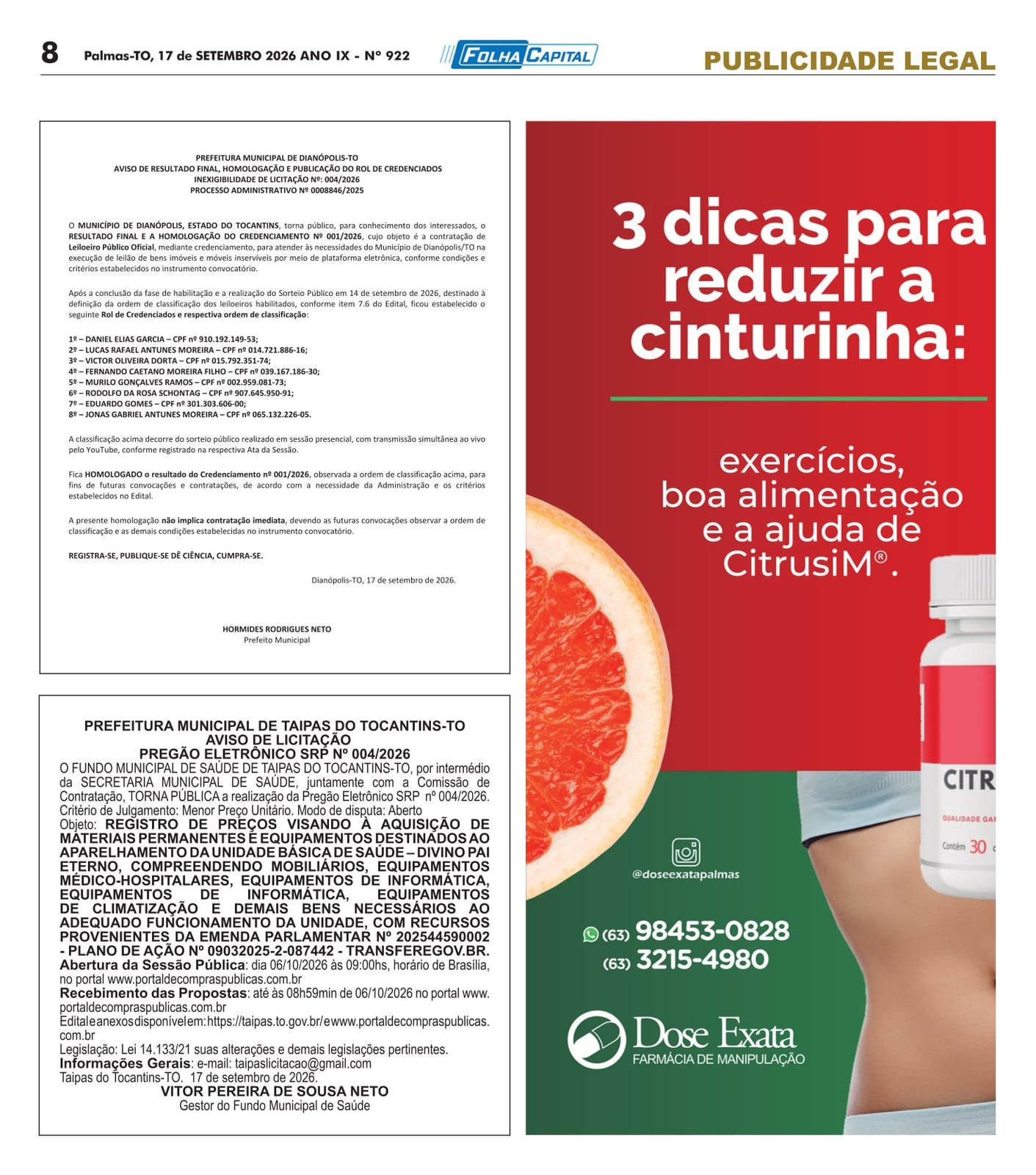 Dianópolis homologa credenciamento para contratar leiloeiro público
