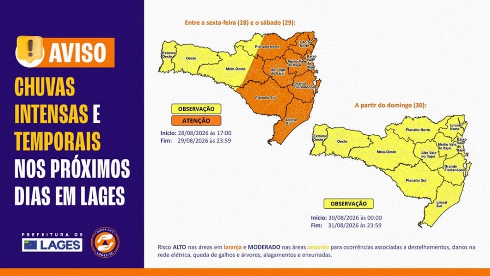 Chuvas intensas e temporais colocam Lages em estado de atenção nesta sexta e sábado