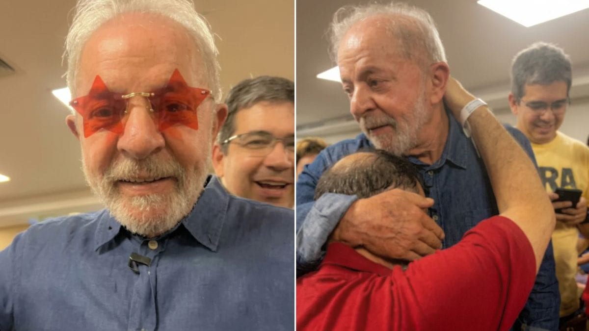 Com óculos estrela vermelha, Lula comemora reeleição à presidência ao lado de Janones