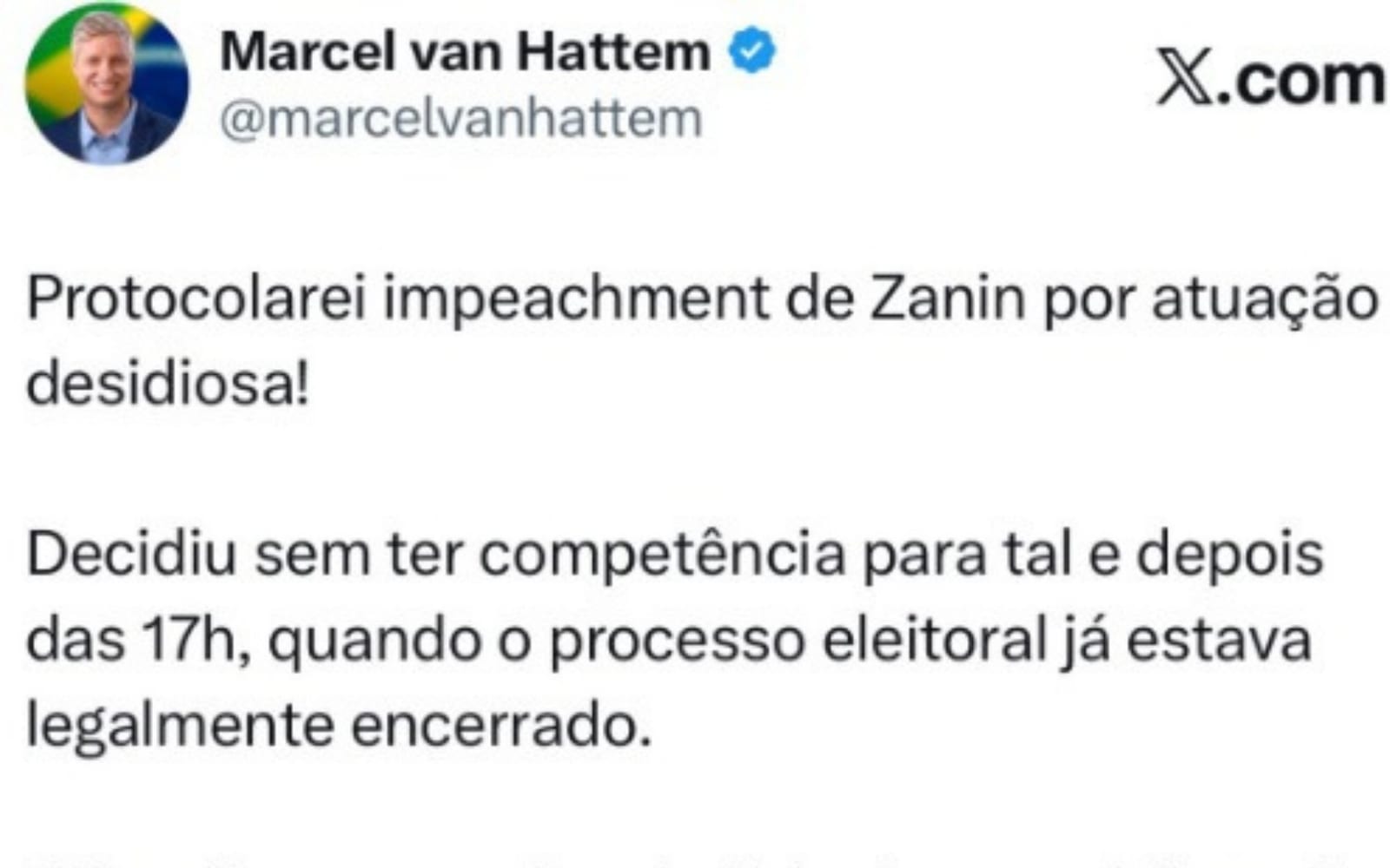 Marcel van Hattem vai pedir impeachment de Cristiano Zanin após ampliação da votação neste domingo