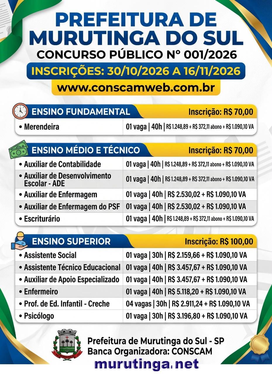 Murutinga do Sul abre concurso com inscrições de 30/10 a 16/11/2026