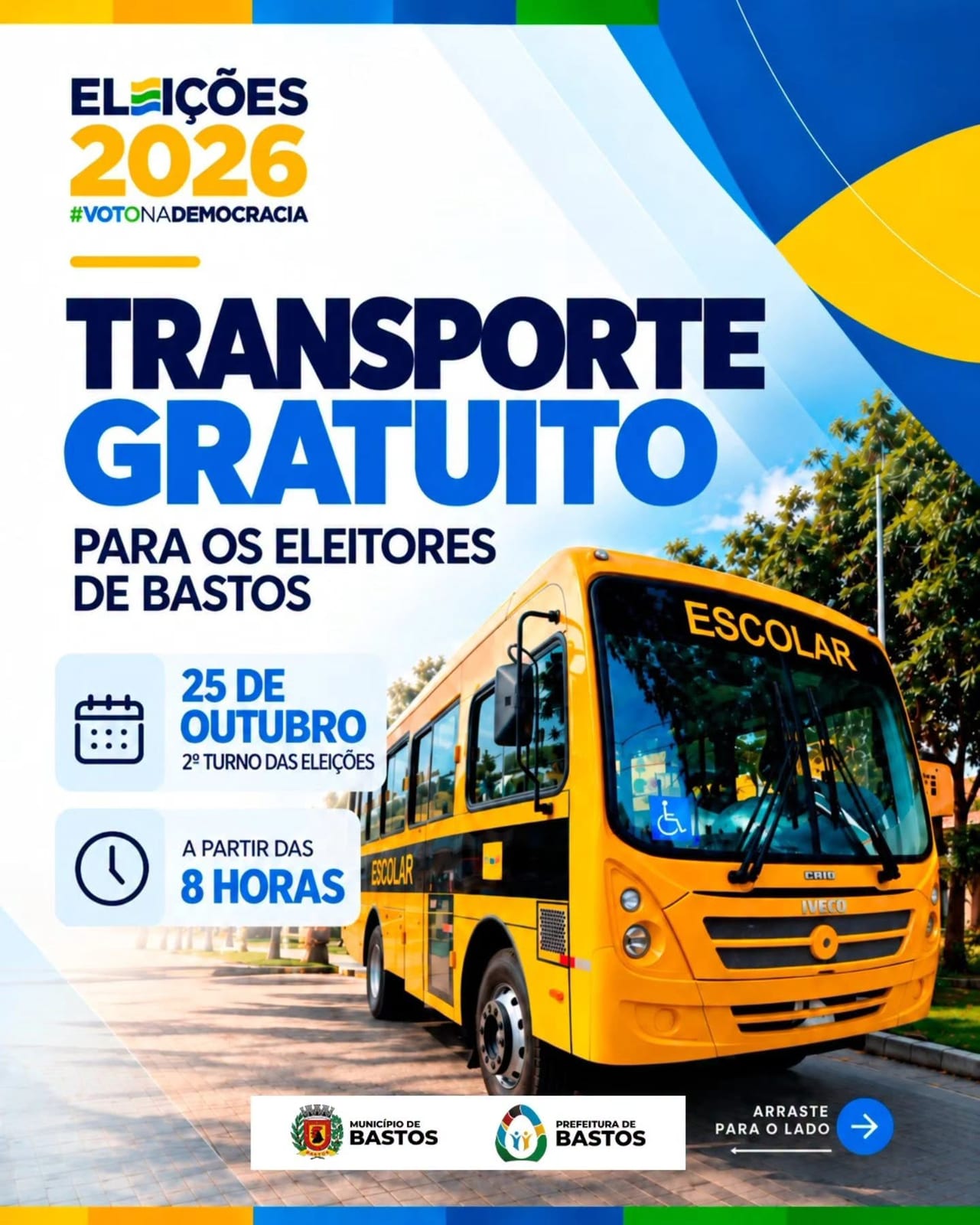 Bastos terá transporte gratuito para eleitores no 2º turno em 25/10