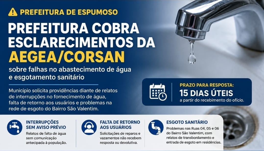 Prefeitura de Espumoso cobra esclarecimentos da Aegea/Corsan sobre falhas no abastecimento de água e esgotamento sanitár