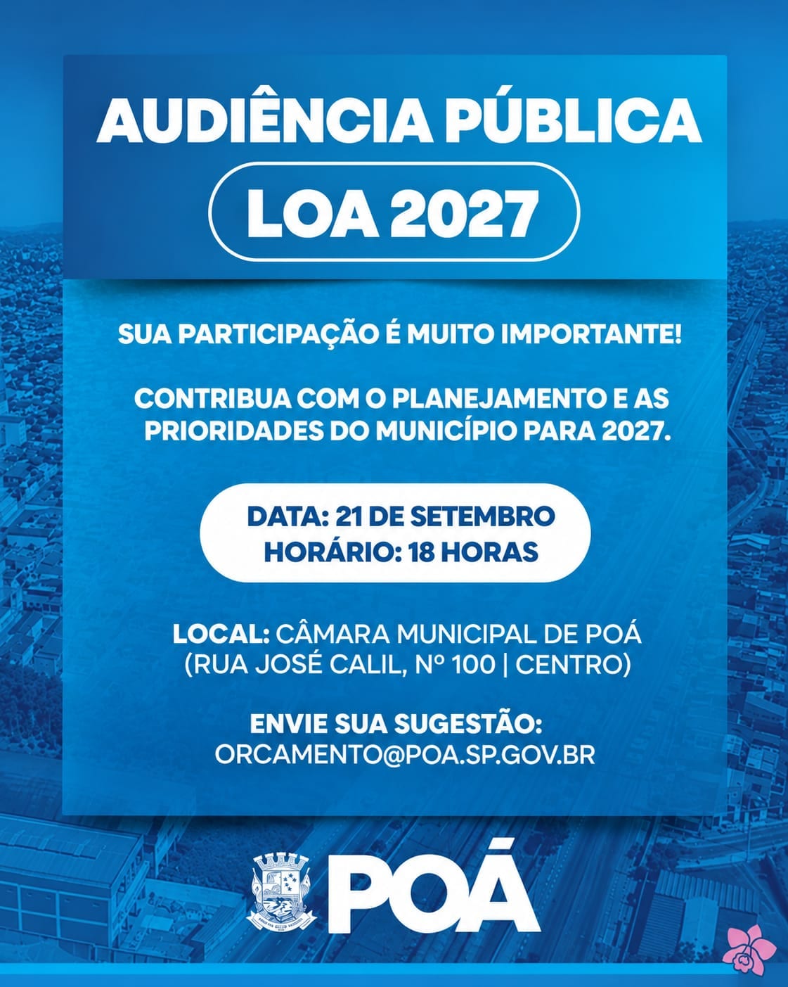 Poá fará audiência pública para elaborar a LOA 2027 em 21 de setembro