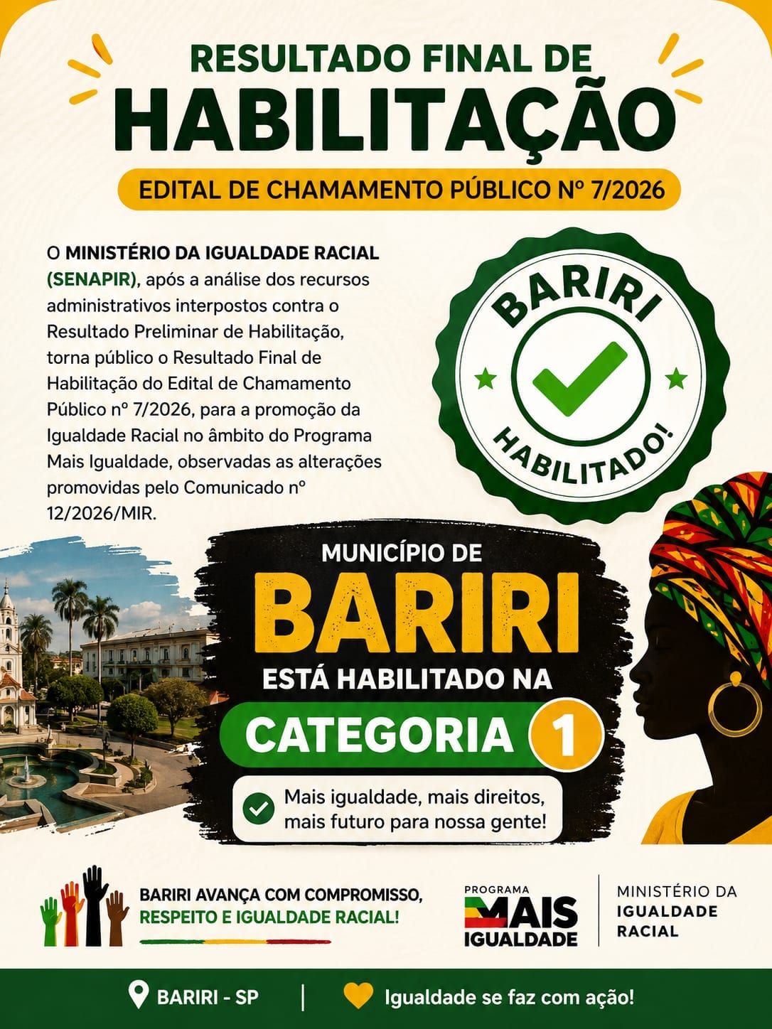 Bariri é habilitado na Categoria 1 do edital nº 7/2026 do Ministério da Igualdade Racial