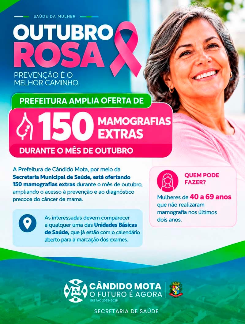 Saúde da Mulher: Prefeitura de Cândido Mota oferece 150 mamografias extras no Outubro Rosa