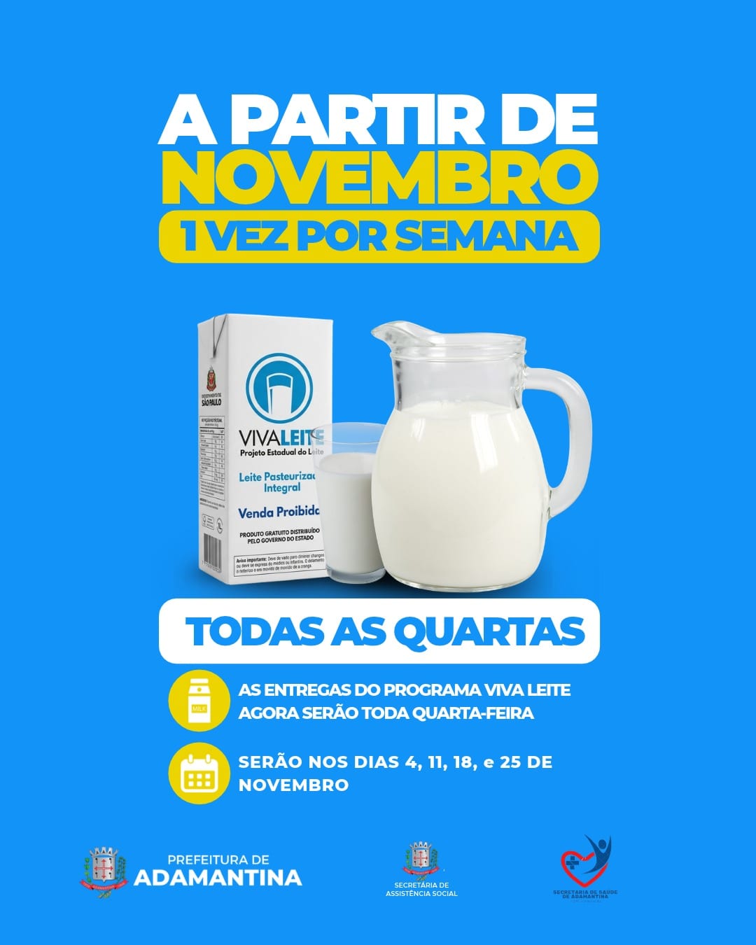 Prefeitura de Adamantina informa mudança na frequência de entrega do Programa Viva Leite a partir de novembro