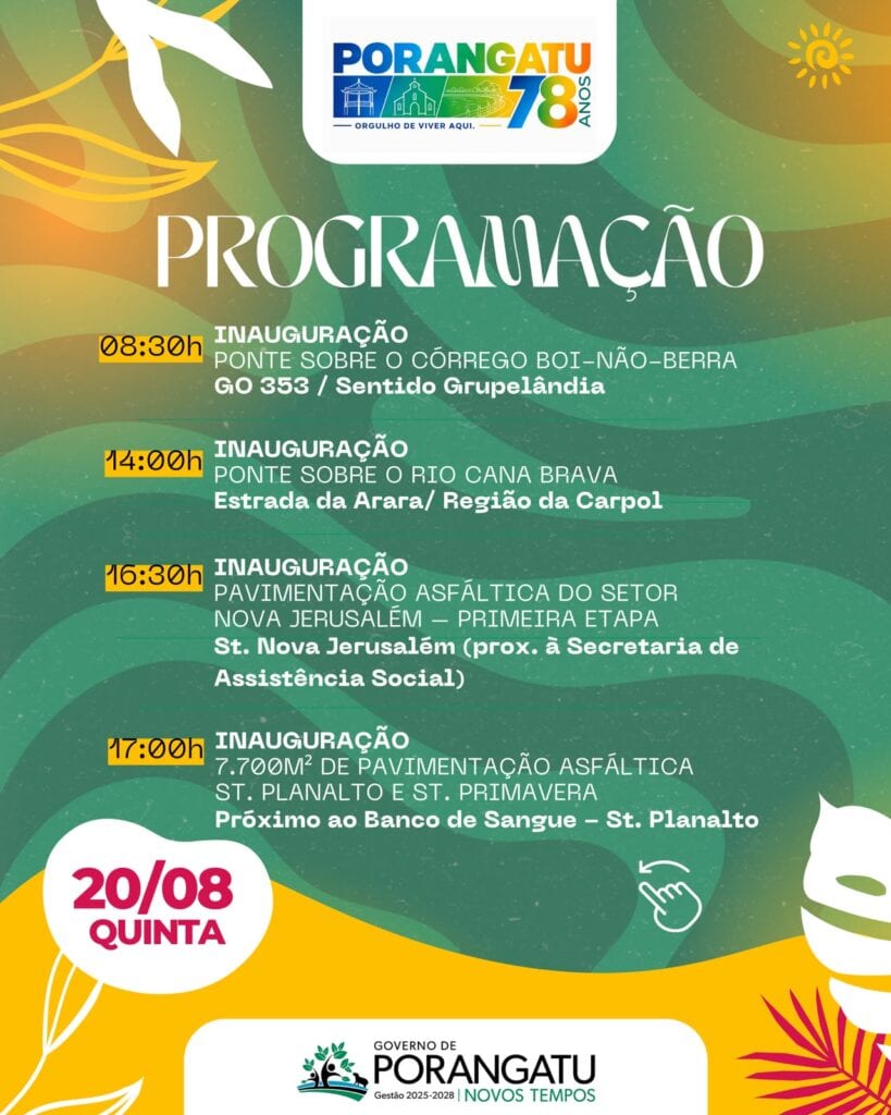 Porangatu faz 78 anos com inaugurações, shows e desfile entre 20 e 25 de agosto