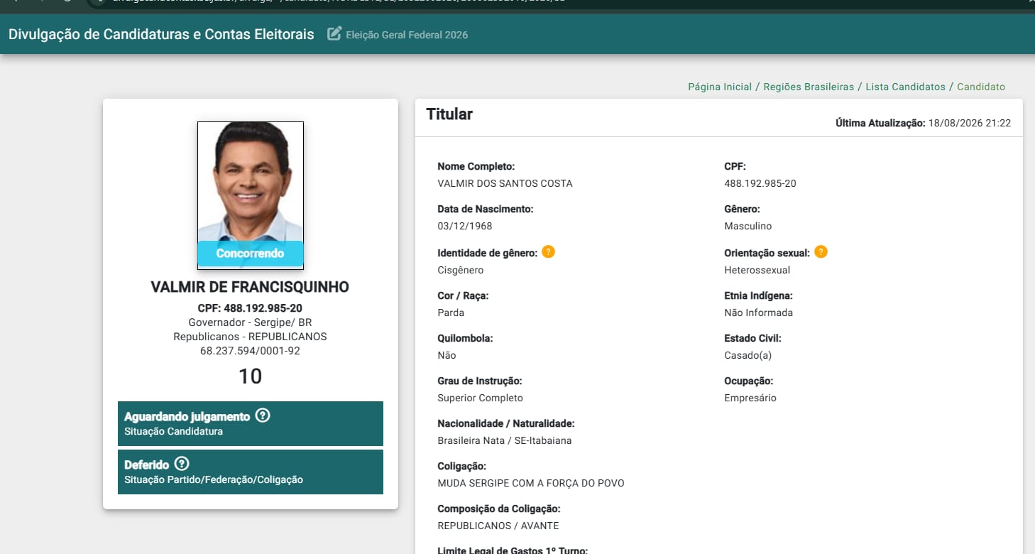 Valmir de Francisquinho aguarda julgamento da candidatura e pode até ficar fora da disputa