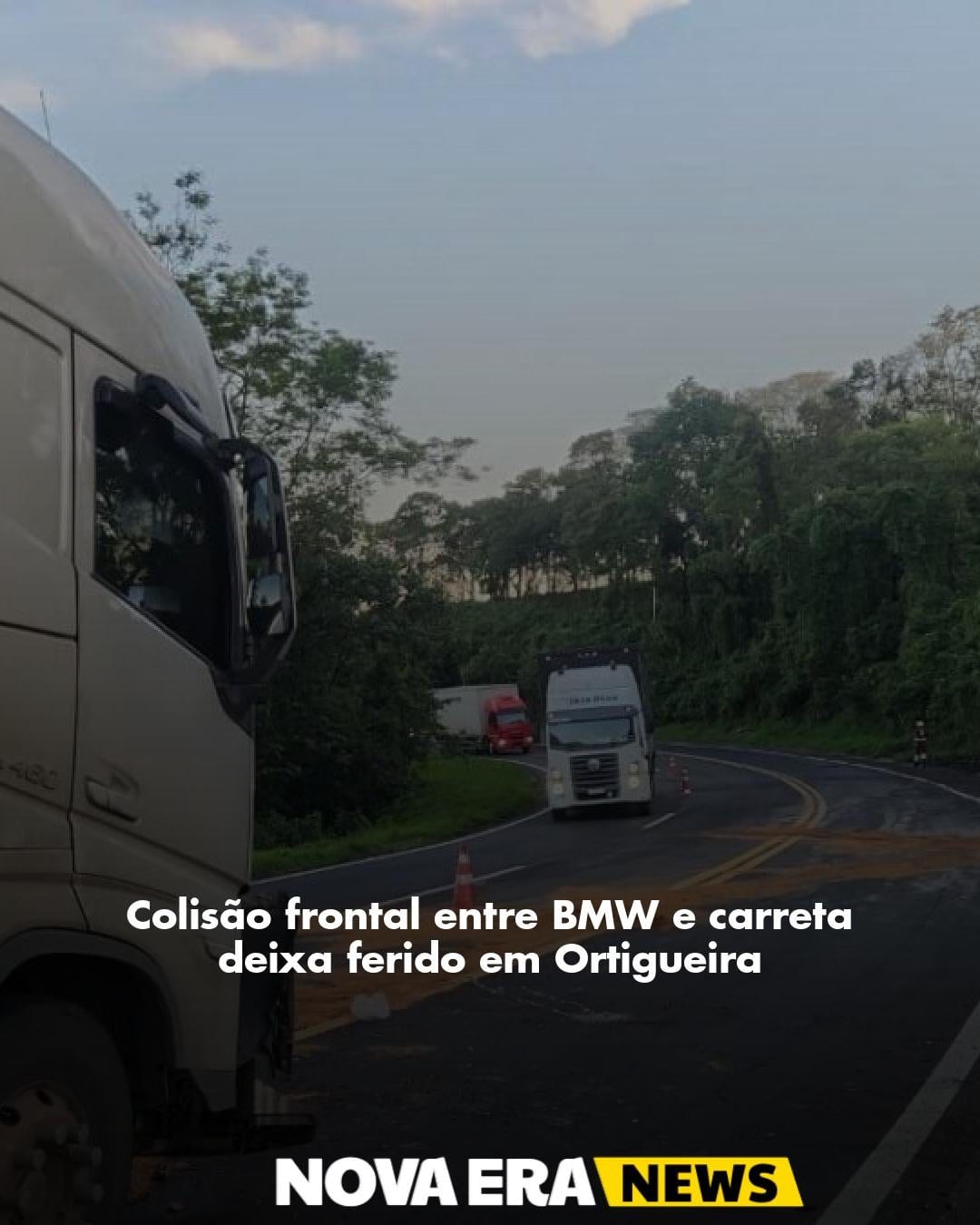 Colisão frontal entre BMW e carreta deixa ferido em Ortigueira