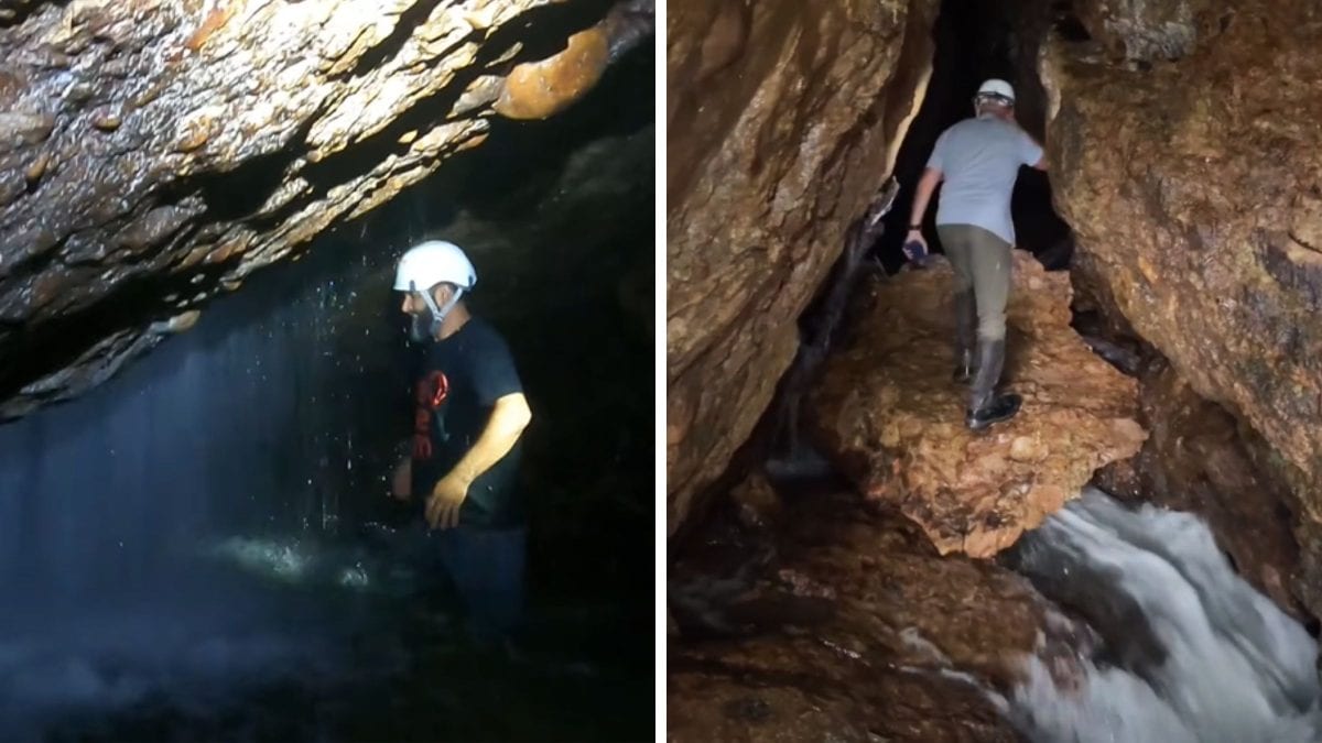 Caverna com lenda indígena esconde cachoeira entre rochas e oferece aventura com caminhada pela água até o peito em SC