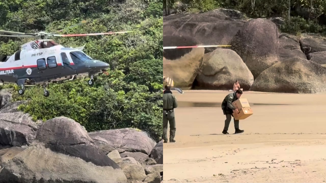Urnas chegam ao Bonete, em Ilhabela, de helicóptero e quadriciclo