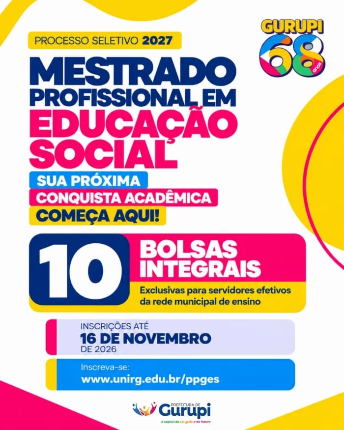 Prefeitura de Gurupi oferece 10 bolsas integrais de mestrado para servidores efetivos da Educação