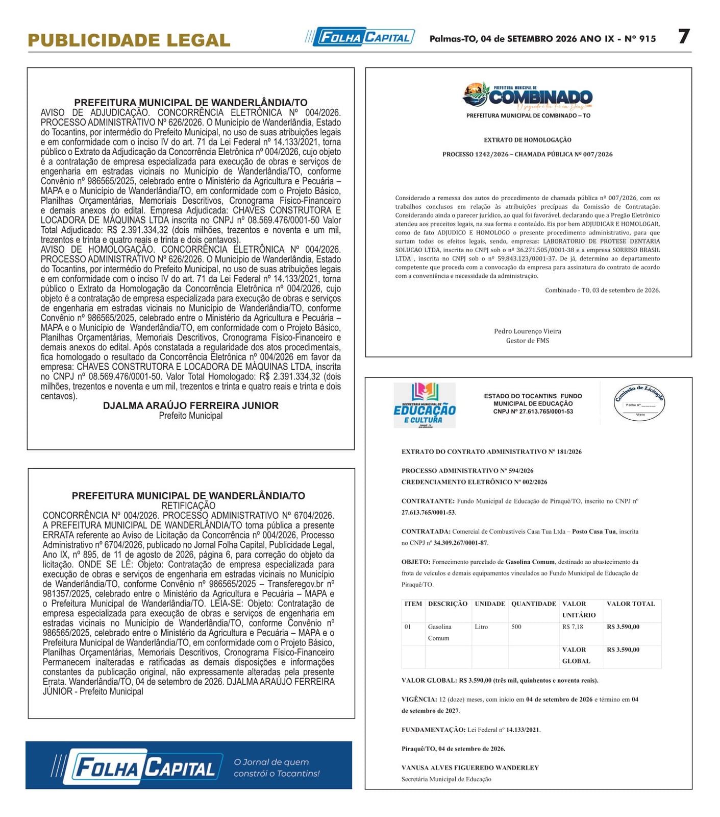 Retificação Prefeitura Municipal de Wanderlândia – TO