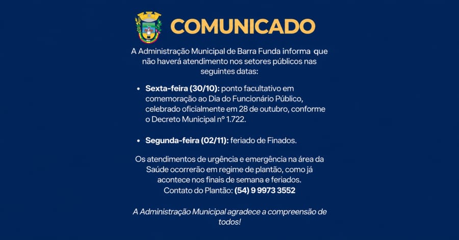 Prefeitura de Barra Funda terá alterações no atendimento nos dias 30 de outubro e 2 de novembro