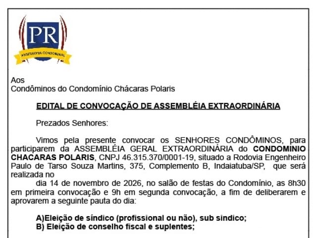 Aos Condôminos do Condomínio Chácaras Polaris