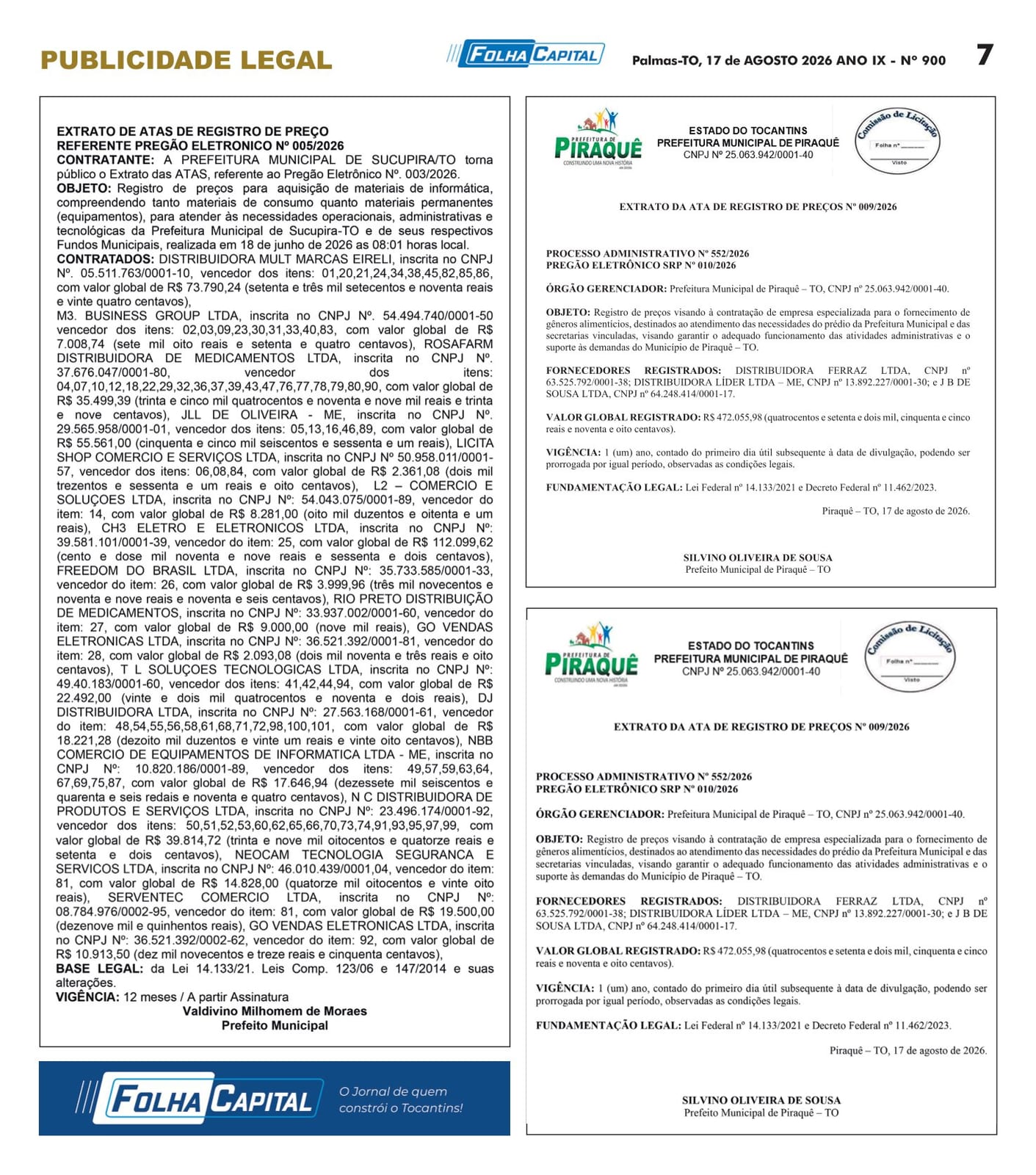 Sucupira/TO publica extrato de atas do Pregão Eletrônico nº 005/2026