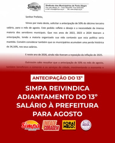 SIMPA cobra 50% do 13º em agosto e mostra que já conta com a antecipação