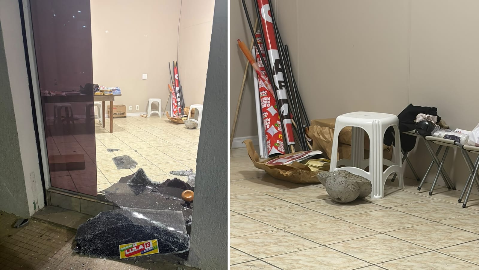 Comitê da campanha de Lula em Joinville é atingido por pedra de 5 kg
