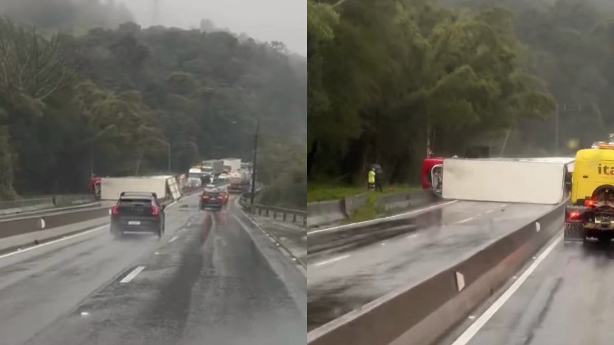 Carreta tomba e bloqueia totalmente a BR-101 no Morro dos Cavalos