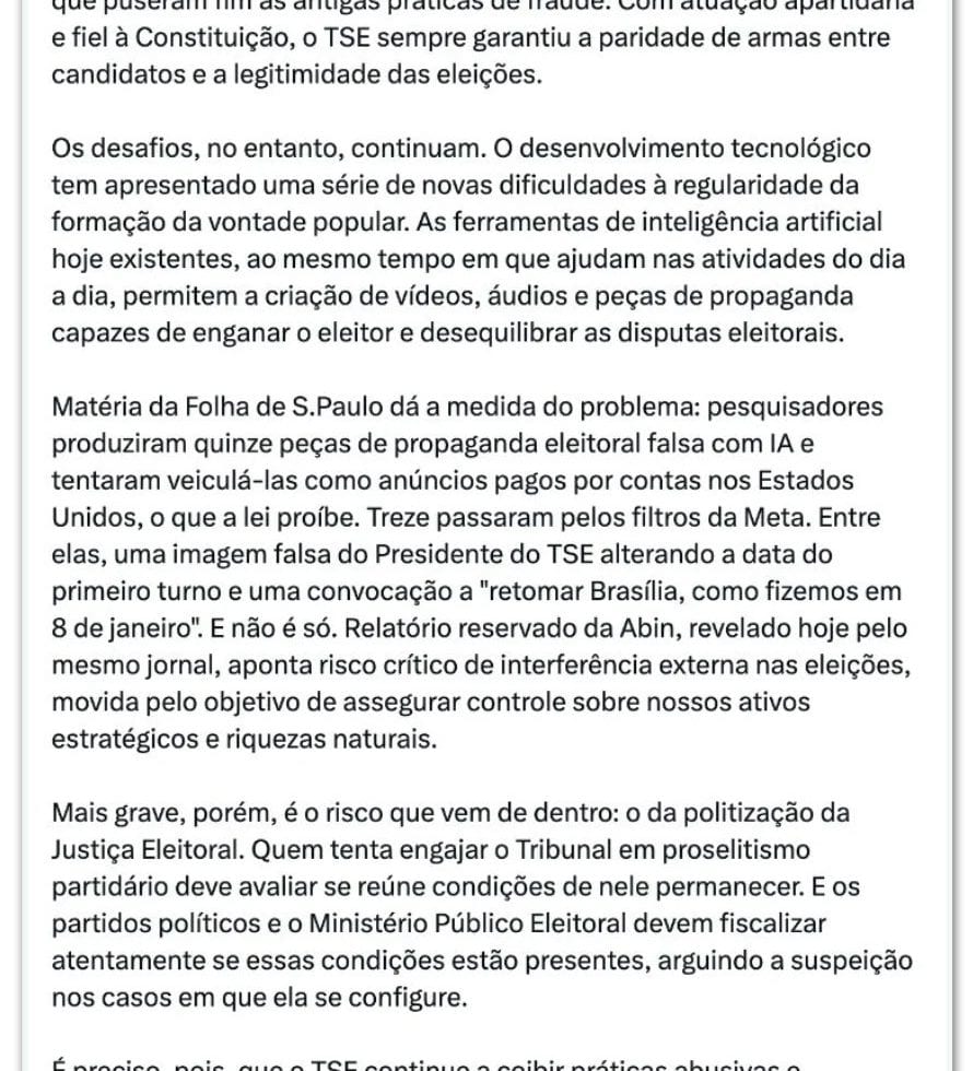 Gilmar Mendes defende saída de juízes do TSE por 'ameaça interna'