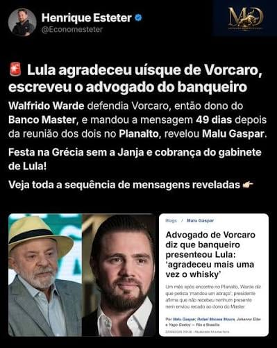 Lula recebeu whisky de Vorcaro após quatro reuniões no Planalto