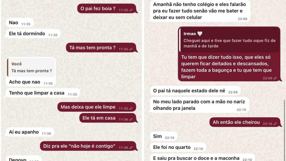 ‘Não aguento mais isso’: troca de mensagens entre irmãos revelam situação de maus-tratos e uso de drogas constante prati