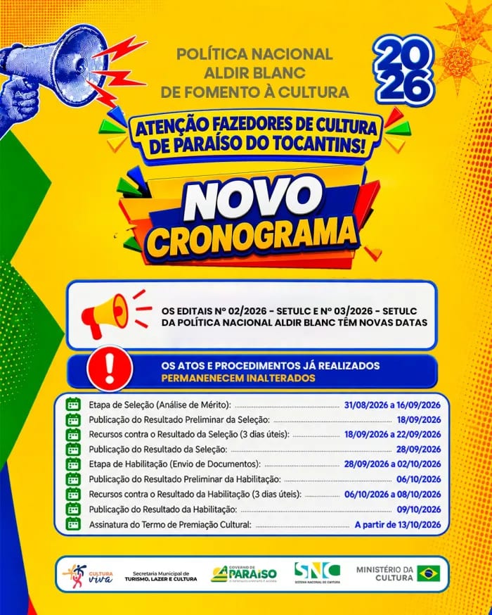 Prefeitura de Paraíso readequa cronograma de editais da PNAB para seleção de projetos culturais