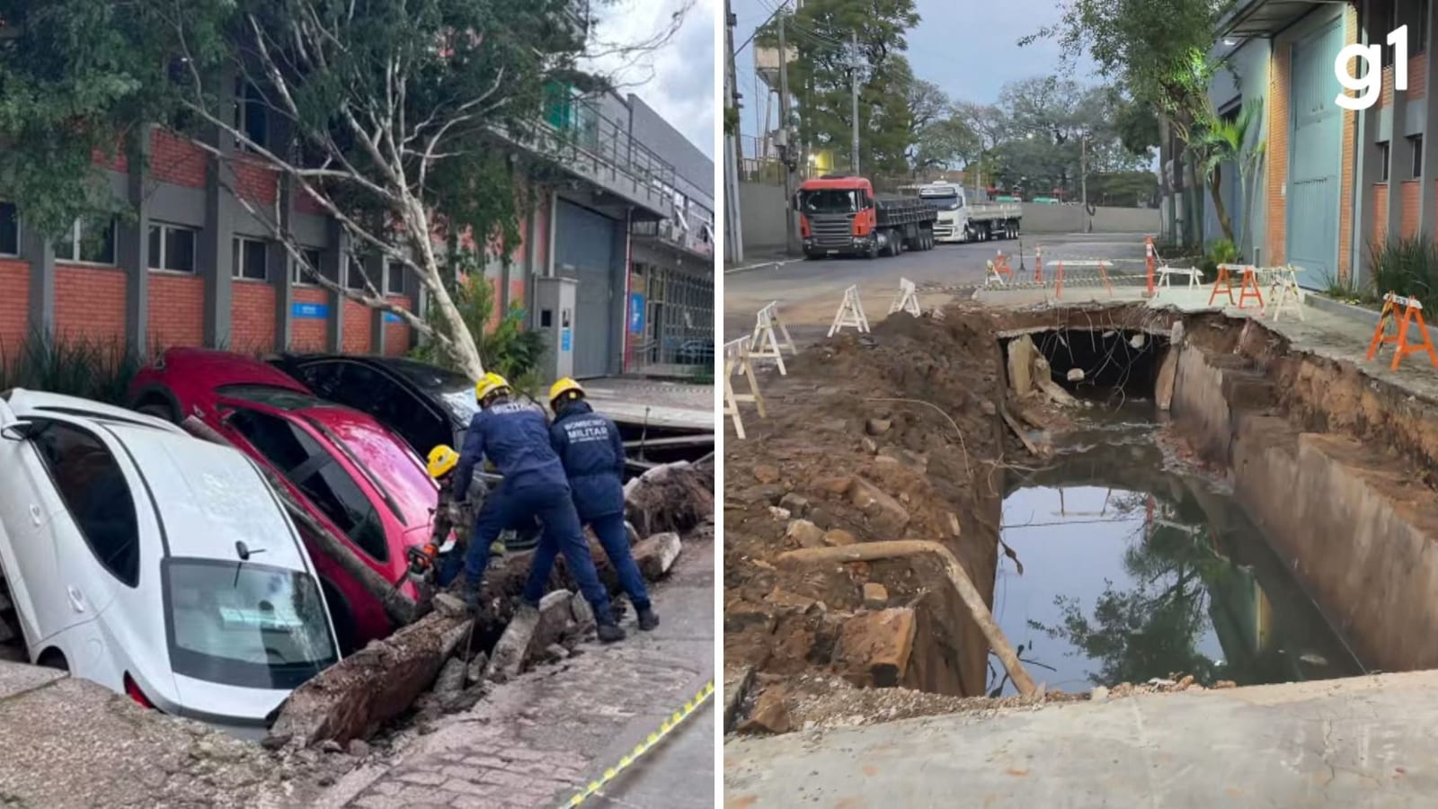 Calçada cede e engole três carros na Rua Almirante Tamandaré, em Porto Alegre