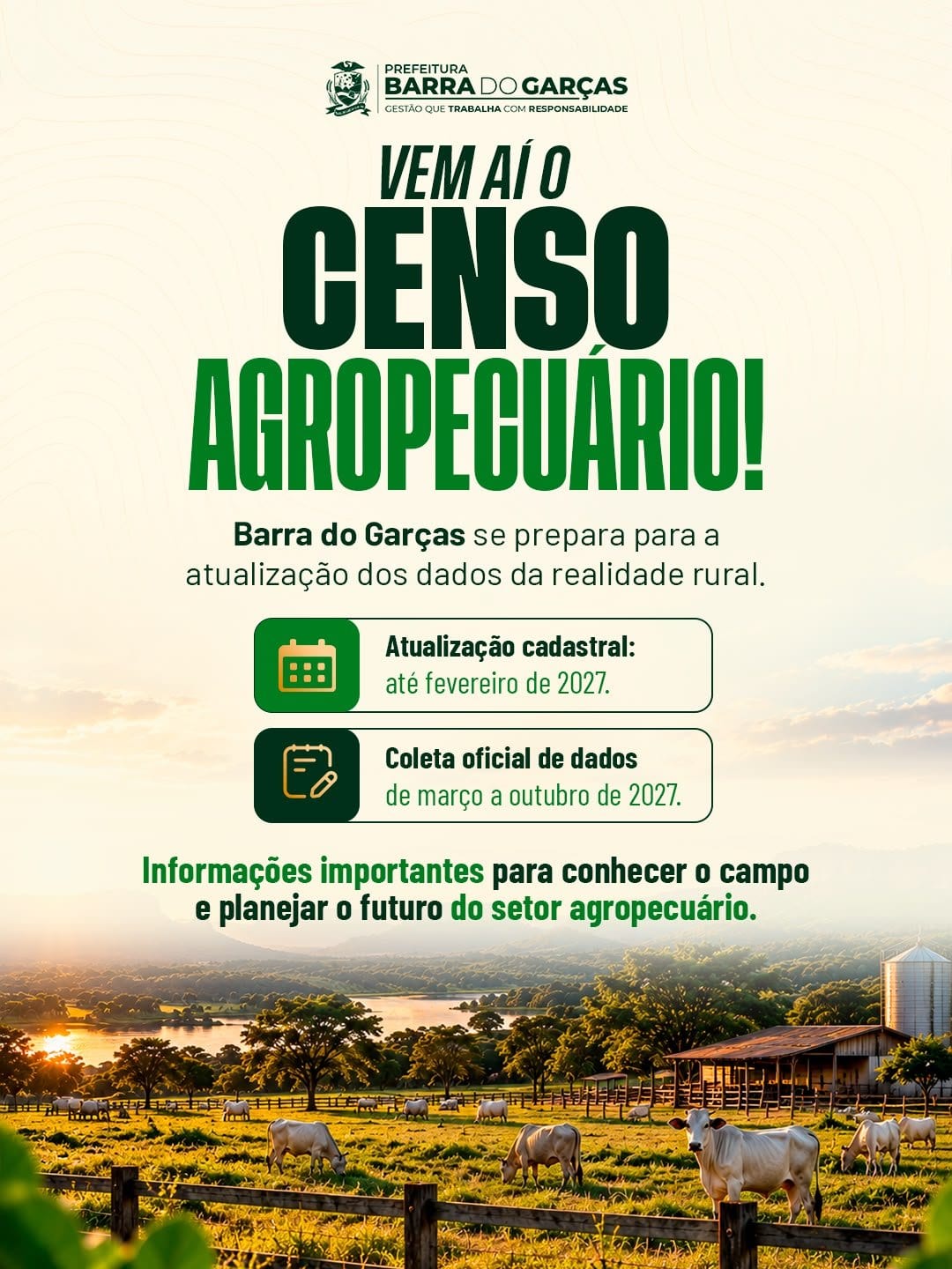 Censo Agropecuário terá atualização cadastral a partir de outubro em Barra do Garças. Levantamento previsto para 2027 va