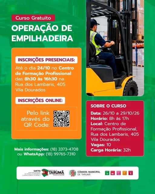 Tarumã oferece curso gratuito para Operador de Empilhadeira. Veja como se inscrever