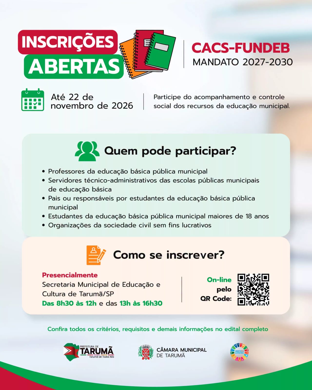 Prefeitura de Tarumã abre inscrições para o CACS-FUNDEB – Mandato 2027–2030