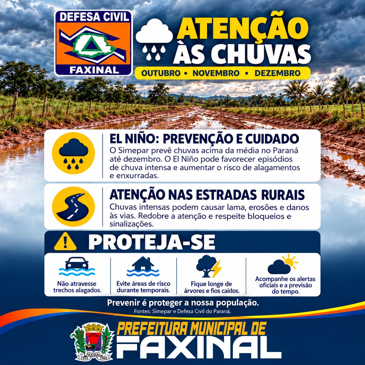 Prefeitura de Faxinal alerta para risco de chuvas intensas nos próximos meses