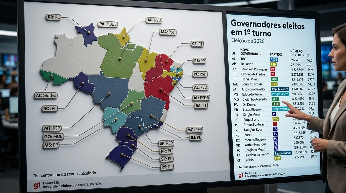 Eleições 2026: Brasil atinge novo recorde com 21 governadores eleitos no primeiro turno